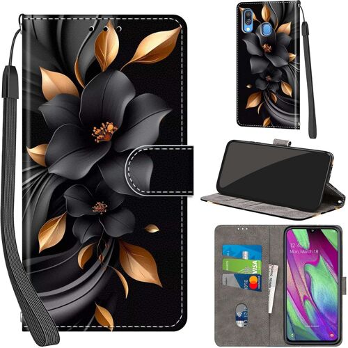 SJZG-Coque Pour Samsung Galaxy A40 Cover [Housse En Cuir Pu Premium] [Etui À Rabat] [Pochette De Portefeuille], Étui De Protection Pour Samsung A40,Fleurs
