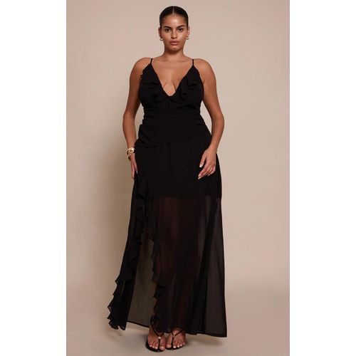 Plus Robe Longue En Mousseline De Soie Noire À Décolleté Et Volants, Noir