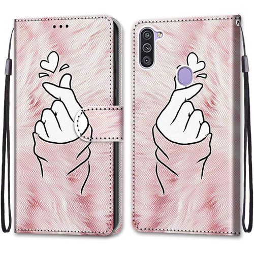 Sjzg-Coque Pour Samsung Galaxy M11 / A11, Etui En Cuir Pu Portefeuille Housse Coque Avec 360 Degrés Silicone Antichoc Protection Cover Cuir Pochette Magnétique Und Flip Béquille (Doigt Coeur)