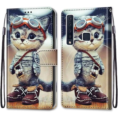 SJZG-Coque Pour Samsung Galaxy A9 2018 / A9S, Etui En Cuir Pu Portefeuille Housse Coque Avec 360 Degrés Silicone Antichoc Protection Cover Cuir Pochette Magnétique Flip Béquille (Chat 1)