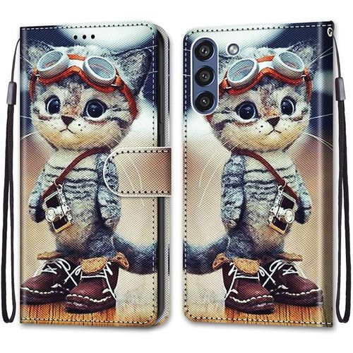 Coque pour Samsung Galaxy S21 FE, Etui en Cuir PU Portefeuille Housse Coque avec 360 Degres Silicone Antichoc Protection Cover Cuir Pochette Magnetique und Flip Bequille (Chat 1)