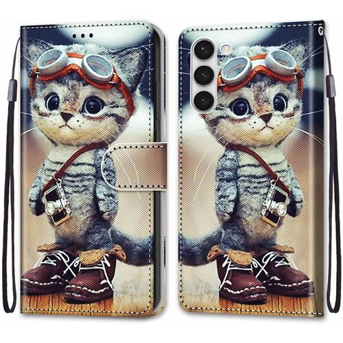 Coque Pour Samsung Galaxy S23, Etui En Cuir Pu Portefeuille Housse Coque Avec 360 Degres Silicone Antichoc Protection Cover Cuir Pochette Magnetique Und Flip Bequille (Chat 1)