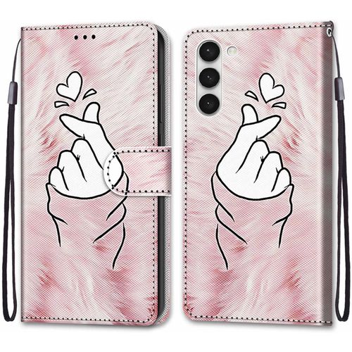 Sjzg-Coque Pour Samsung Galaxy S23, Etui En Cuir Pu Portefeuille Housse Coque Avec 360 Degrés Silicone Antichoc Protection Cover Cuir Pochette Magnétique Und Flip Béquille (Doigt Coeur)