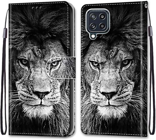 SJZG-Coque Pour Samsung Galaxy M32 4G / F22, Etui En Cuir Pu Portefeuille Housse Coque Avec 360 Degrés Silicone Antichoc Protection Cover Cuir Pochette Magnétique Und Flip Béquille (Lion)