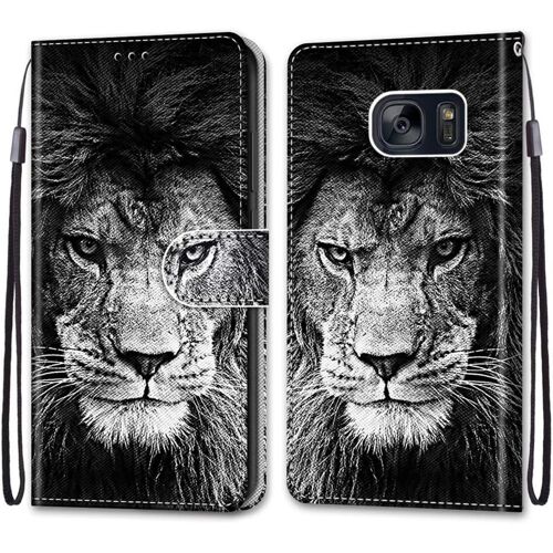 SJZG-Coque Pour Samsung Galaxy S7, Etui En Cuir Pu Portefeuille Housse Coque Avec 360 Degrés Silicone Antichoc Protection Cover Cuir Pochette Magnétique Und Flip Béquille (Lion)