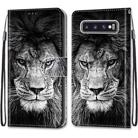 Sjzg-Coque Pour Samsung Galaxy S10 Plus, Etui En Cuir Pu Portefeuille Housse Coque Avec 360 Degrés Silicone Antichoc Protection Cover Cuir Pochette Magnétique Und Flip Béquille (Lion)