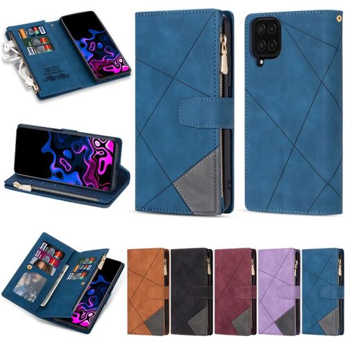 Sjzg-Étui Portefeuille Pour Samsung Galaxy A12 5g/M12 5g, Étui Vintage En Cuir Pu De Qualité Supérieure Avec Fentes Pour Cartes, Fermeture Magnétique, Poche Zippée, Sac À Main Avec Dragonne, Bleu