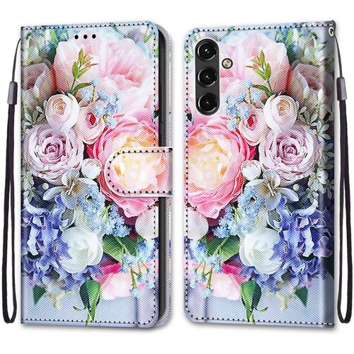 Coque Pour Samsung Galaxy A14 5g, Etui En Cuir Pu Portefeuille Housse Coque Avec 360 Degres Silicone Antichoc Protection Cover Cuir Pochette Magnetique Und Flip Bequille (Fleur 3)