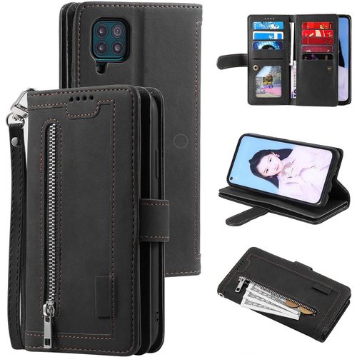 Sjzg-Coque Pour Samsung Galaxy A12 5g, Etui En Cuir Pu Portefeuille Rétro Antichoc Flip Case Anti-Choc Housse Avec Fentes De Cartes Fonction Support, Fermeture Magnétique - Noir