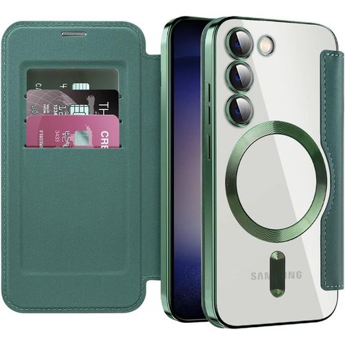Sjzg-Magnétique Coque Pour Samsung Galaxy S23 Avec Mag-Safe, Housse En Cuir Pu Premium Protection Etui À Rabat Fentes Carte Pochette De Antichoc Pour Samsung Galaxy S23. Vert Jdc