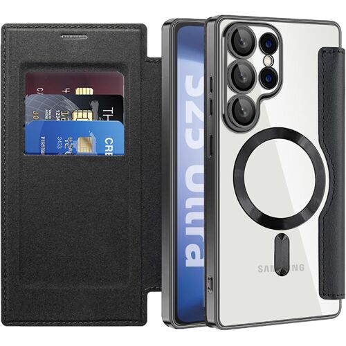 SJZG-Coque Magnétique Pour Samsung Galaxy S25 Ultra, Housse En Cuir Pu Flip Rfid Blocage Étui Avec Emplacement Carte Coque De Téléphone Transparent Étui Pour Galaxy S25 Ultra. Noir Jdc