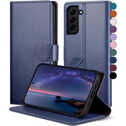 SJZG-Coque Pour Samsung Galaxy S21 Fe[Fentes Cartes][Rfid Blocage]Coque Pour Samsung Galaxy S21 Fe Avec 1 Verre Trempé Fentes Pour Cartes Etui Housse En Cuir Pu,Coque Pour Samsung S21 Fe,Bleu Foncé