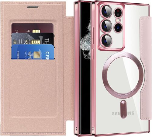 SJZG-Coque Magnétique Pour Samsung Galaxy S22 Ultra Compatible Avec Magsafe, [Rfid Blocage] Porte Carte Protection De La Caméra Étui À Rabat En Cuir Housse Pour Samsung S22 Ultra. Rose Jdcx