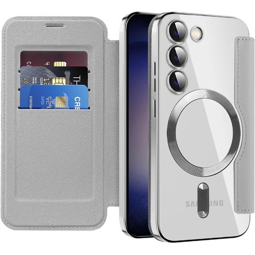 Sjzg-Étui Magnétique Pour Samsung Galaxy S23 Compatible Avec Magsafe, [Rfid Blocage] Porte Carte Portefeuille Housse À Rabat En Cuir Transparente Antichoc Coque Pour Samsung S23. Gris Jdcx