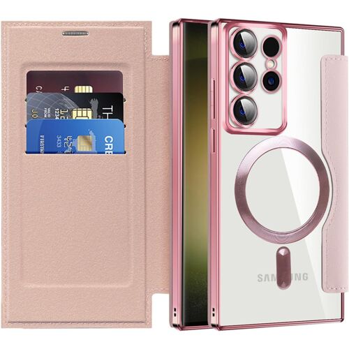 SJZG-Coque Magnétique Pour Samsung Galaxy S23 Ultra Compatible Avec Magsafe, [Rfid Blocage] Porte Carte Protection De La Caméra Étui À Rabat En Cuir Housse Pour Samsung S23 Ultra. Rose Jdcx
