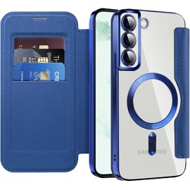 SJZG-Étui Magnétique Pour Samsung Galaxy S22 Plus Compatible Avec Magsafe, [Rfid Blocage] Porte Carte Portefeuille Housse À Rabat Transparente Coque Pour Samsung S22 Plus. Bleu Foncé Jdcx