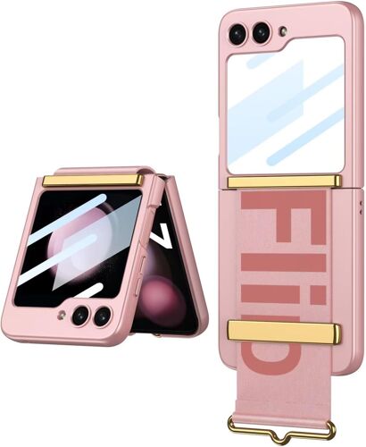 SJZG-Esong Coque Pour Samsung Galaxy Z Flip7 Avec Protection D'Écran Arrière/Support De Bracelet En Cuir,Dragonne De Luxe Ultra Fine Légère Rigide Pc Housse,Dragonne Béquille,Antichoc Bumper-Or Rose