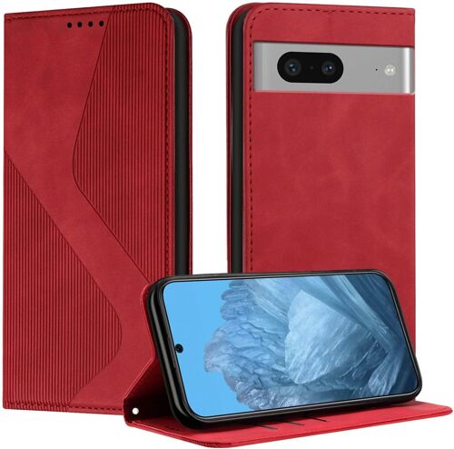 SJZG-Coque Pour Google Pixel 7, Etui Googlel 7 Cuir, Pu Cuir Portefeuille Housse Et Magnétique Flip Pochette Étui À Rabat Protection Case Avec Antichoc Tpu Housse (Rouge)