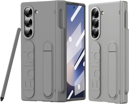 SJZG-Coque Pour Samsung Galaxy Z Fold 7 Avec Stylet Et Porte-Stylo,Étui Pour Z Fold 7 Avec Support Invisible,Renforcée Antichoc Anti-Rayures Agréable Au Toucher Pc Case Fold 7 Avec Bracelets,Gris