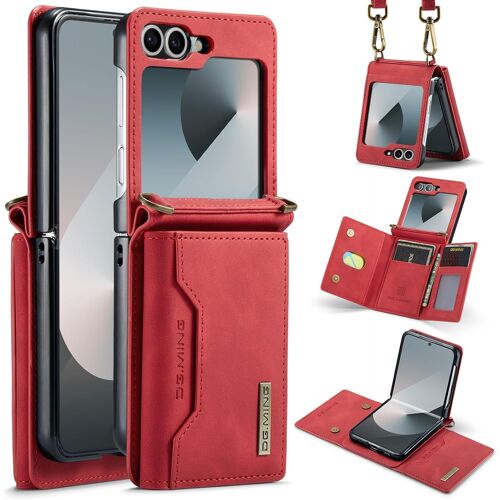 SJZG-Étui Portefeuille Pour Samsung Galaxy Z Flip 6, Étui En Cuir Mat Avec Porte-Cartes Et Bandoulière Amovible - Rouge