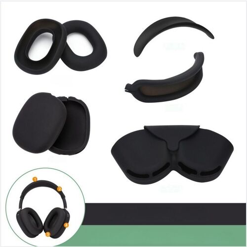 Ensemble de protection en silicone 5-en-1 pour AirPods Max : Arceau, faisceau, oreillettes, coque et sac de rangement - Compatible avec Apple AirPods Max Le noir