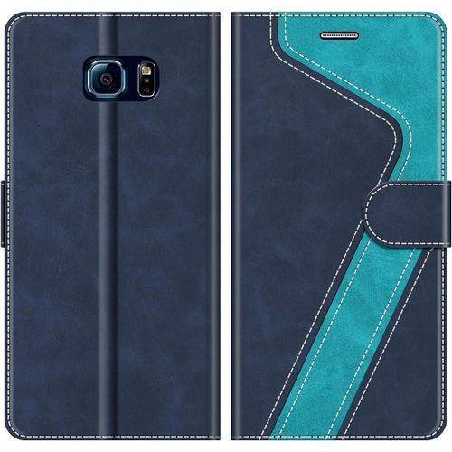 Coque Pour Samsung Galaxy S6 Edge, Housse En Cuir Magnétique Fonction Stand Étui Pour Samsung Galaxy S6 Edge, Élégant Bleu