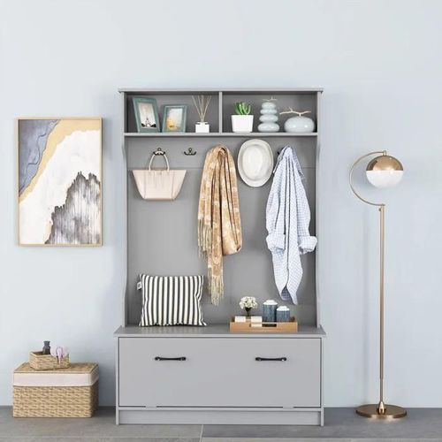 Costway 4en1 Porte-Manteau Vestiaire À Chaussures, Meuble D'entrée Avec Banc Et 5 Crochets Doubles 100x40x160 Cm Gris Foncé