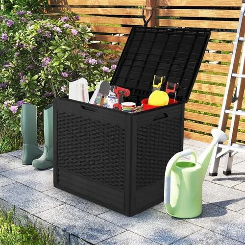 Costway Coffre De Rangement Extérieure 96 En Pp - Motifs En Osier Avec Couvercle Verrouillable Noir