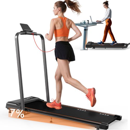 Tapis De Course Pliable Jusqu'à 12 Km/H, 2 En 1 Walking Pad Avec Guidon, Inclinaison De 7% Et Télécommande, Compact Antidérapant Et Silencieux