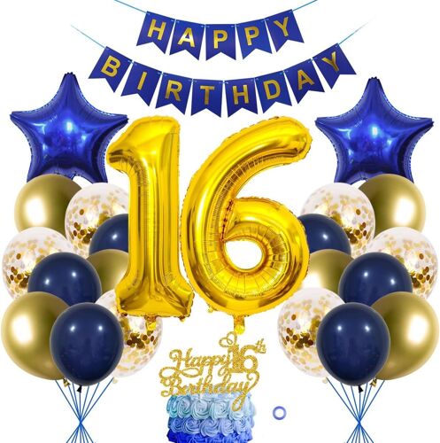 SJZG-Décor D'Anniversaire 16 Ans Garçon Fille Ballon Décor 16E Anniversaire Garçon Marine Or Décor Gâteau D'Anniversaire 16E Anniversaire Ballon 16E Anniversaire Bannière Happy Bleu Marine Doré 16