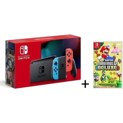Nintendo Switch Rouge/Bleu Néon 32go [Nouveau Modèle V2] + New Super Mario Bros U Deluxe Jeu Switch