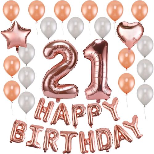 SJZG-21 Ans Anniversaire Décorations, Or Rose Anniversaire Ballon Décorations Kit Guirlande Aluminium Happy Birthday Ballon Bannière Fournitures De Fête