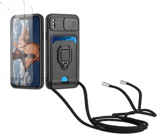 Cordon De Coque Compatible Avec Iphone X/Xs+[2 Pieces Verre Trempe],Couvercle Coulissant De La Camera+Support Annulaire A 360 Degres,Fentes Pour Cartes-Noir