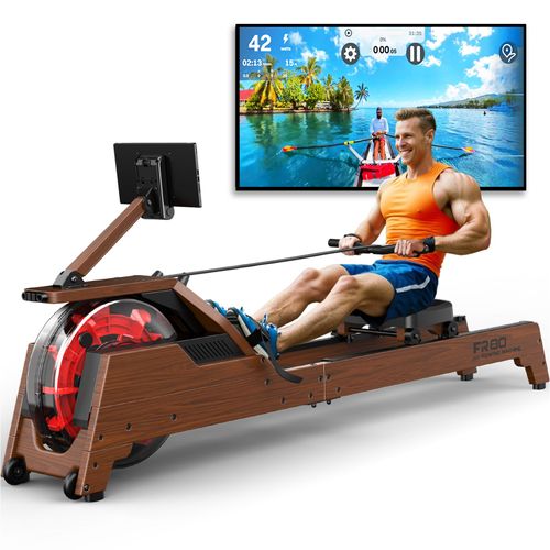 Rameur MettleMatic pour la maison en chêne massif, rameur résistance à l'eau avec inclinaison à 90°, moniteur Bluetooth, support pour tablette, capacité de charge de 180 kg
