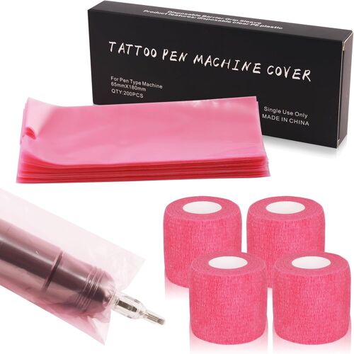 Lot De 4 Rouleaux De Ruban Adhésif Pour Tatouage Et Stylo De Tatouage Rose 5 Cm X 4,5 M Et 200 Pièces Jetables Rose (6,5 X 18 Cm) Pour Tatoueurs 