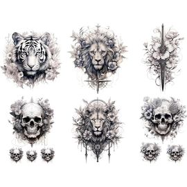 Lot De 6 Feuilles De Tatouages Temporaires Lion, Tigre, Tête De Mort Épée Tatouages Noir Imperméable Enfant Adolescent[Z4347]