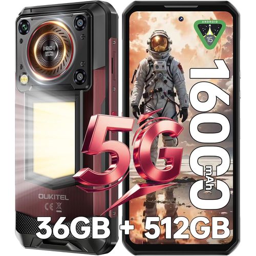 Telephone Portable Incassable 5G OUKITEL WP56 36GO RAM+512GO ROM 6.8" FHD+ 120Hz 16000mAh Camping 1000LM NFC/OTG/Dual SIM Rouge