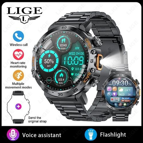 2025 Montre Intelligente Hommes 360*360 Amoled Hd Écran Étanche Sport Fitness Montres Lampe De Poche Nouveaux Hommes Smartwatch Pour Andrio Ios.Steel Strip Black.