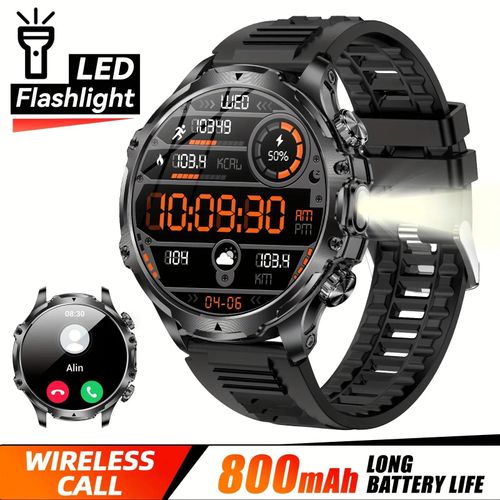 2025 Nouveau 1.9 Pouces Hommes Montre Intelligente Lampe De Poche Sports De Plein Air Fitness Tracker 800 Mah Grande Batterie Ipx8 Led Étanche Smartwatch.Black.