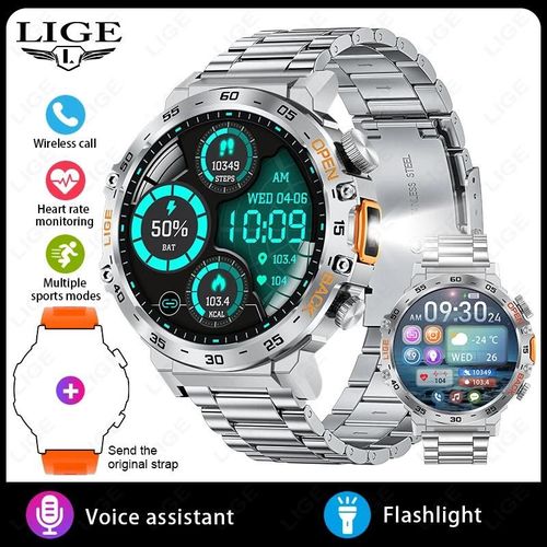 Lige 2024 Montre Intelligente Hommes 360*360 Amoled Hd Écran Étanche Sport Fitness Montres Lampe De Poche Nouveaux Hommes Smartwatch Pour Andrio Ios.Silver Steel.Smart Health Watch
