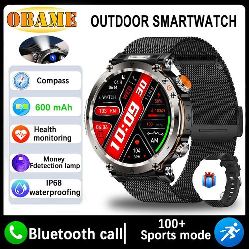 5Atm Montre Intelligente Étanche Hommes 600Mah Montre Intelligente Extérieure Gps Boussole Fréquence Cardiaque Lampe De Poche Led Bluetooth Appel Sport Smartwatch.Black Mesh Belt.5Atm 600Mah