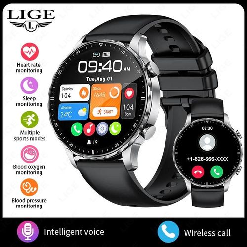 Lige-Montre Connectée D'Extérieur Pour Homme, Étanche, Appel Bluetooth, Sos, Écran Tactile 360X360, Sport, Fitness, Nouveau.Black Silicone 2.Smart Health Watch