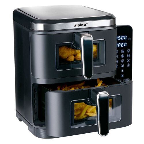 alpina Air Fryer Double XXL - Airfryer 11L - Friteuse à air chaud avec 2 paniers - Four duo pour 8 personnes - Écran pliable - Fonction minuterie jusqu¿à 60 minutes - Température 60-200°C - Noir