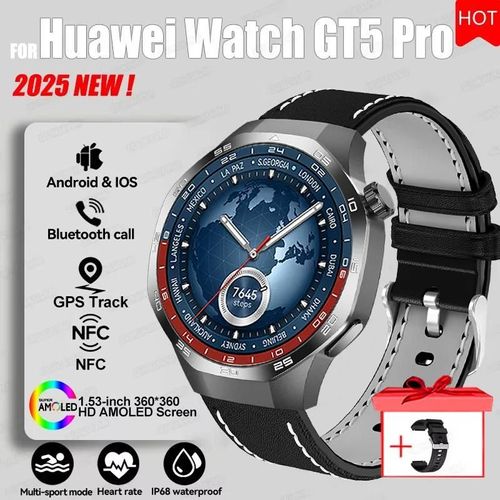 2025 Pour Huawei Gt5 Pro Gps Piste Montre Intelligente Hommes 360*360 Amoled Écran Nfc Bt Appel Étanche Moniteur De Santé Homme Montres Intelligentes.Black Leather.Nfc Watch 5 Pro