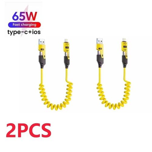 2 Pièces 4 En 1 65w Câble De Données Court À Ressort 6a Usb Type C Ressort Télescopique Chargeur Rapide Fil Ressort Câble Usb Pour Iphone 15 141312.2pcs-1m.1,5m