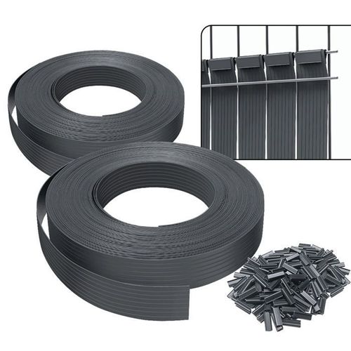 Kit de lamelles occultantes PVC brise vue 150m x 4.7cm avec 300 clips Gris
