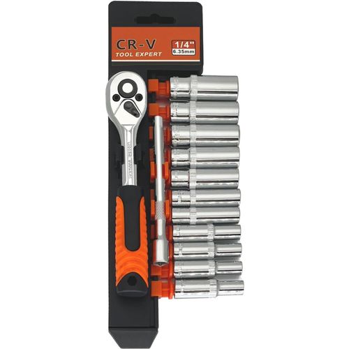 13Pcs Jeu De Clés À Cliquet 1/4,Coffret Clés À Douille Longues 1/4 Douilles Hexagonal Cr-V,Clef Cliquet Réversible Avec Tige D'Extension Douille Longue (4-14 Mm)