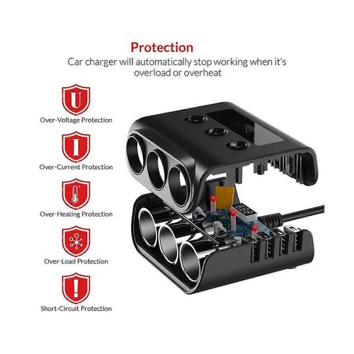 Allume-Cigare Tr12 Triple Évaporateur Avec Interrupteur, Affichage De La Tension, 4 Ports Usb, Chargeur 120 W, Noir