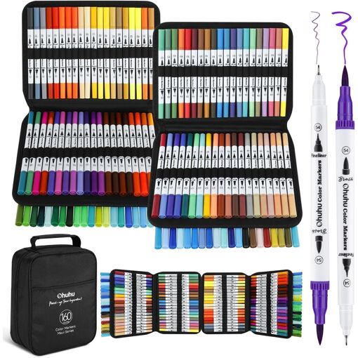 160 Feutre Coloriage Adulte, Aquarelle Stylos Feutres Double Pointe Fine et Pinceau pour