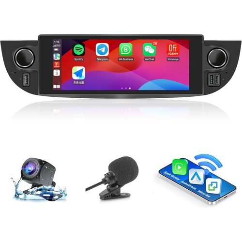 Autoradio Pour Fiat 500 2007-2015 Avec Android Auto Et Carplay Sans Fil, Fm Rds Car Radio Android Stéréo[2G+32G] Avec Caméra De Recul/Mic/Canbus Box/Port Usb/App Store(Black)[Z1469]